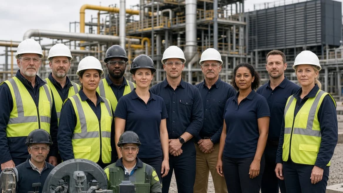 PurgeRite field team portrait in front of mechanical piping