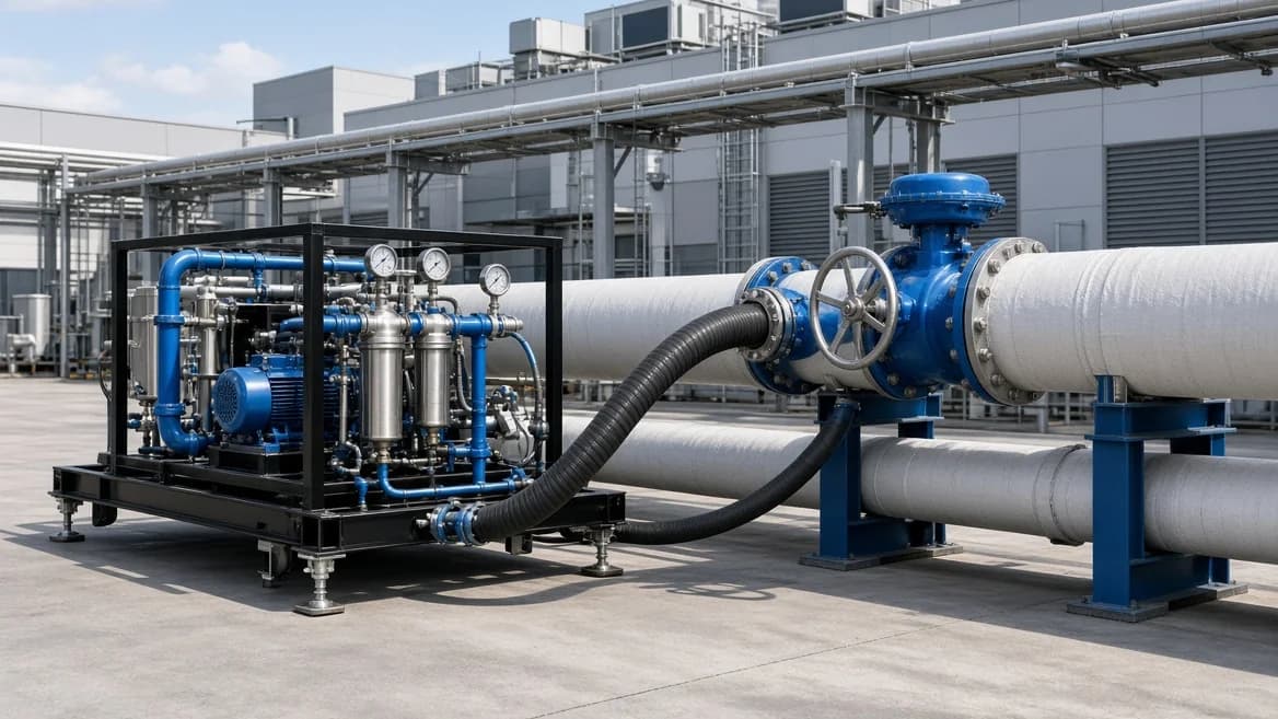 PurgeRite flush skid connected to a large-diameter chilled water header outside a data center
