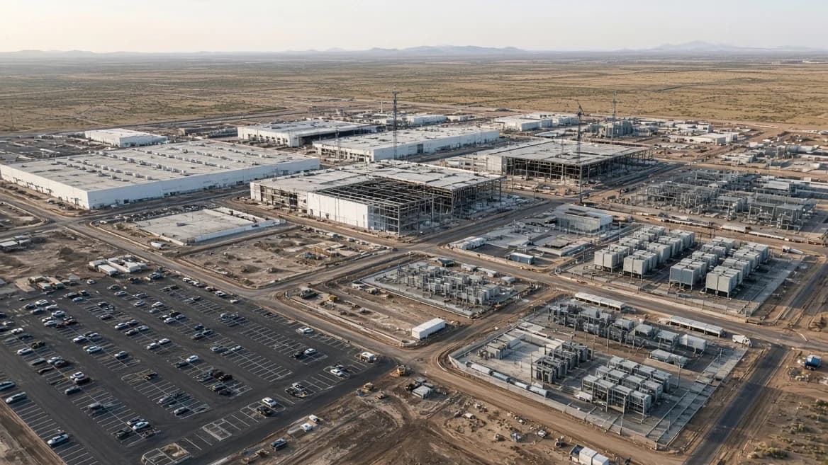 Aerial view of a hyperscale data center campus under construction